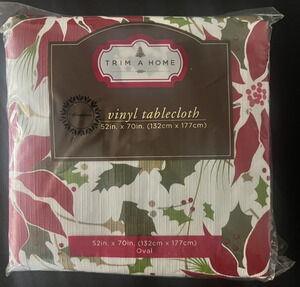 Trim A Home Christmas Holly Berries Tablecloth Vinyl 52" x 70" NEW NIP Poly Back